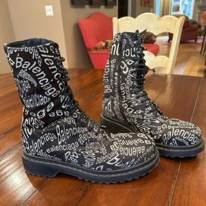 Balenciaga Men's Logo-Print Canvas Combat Boots